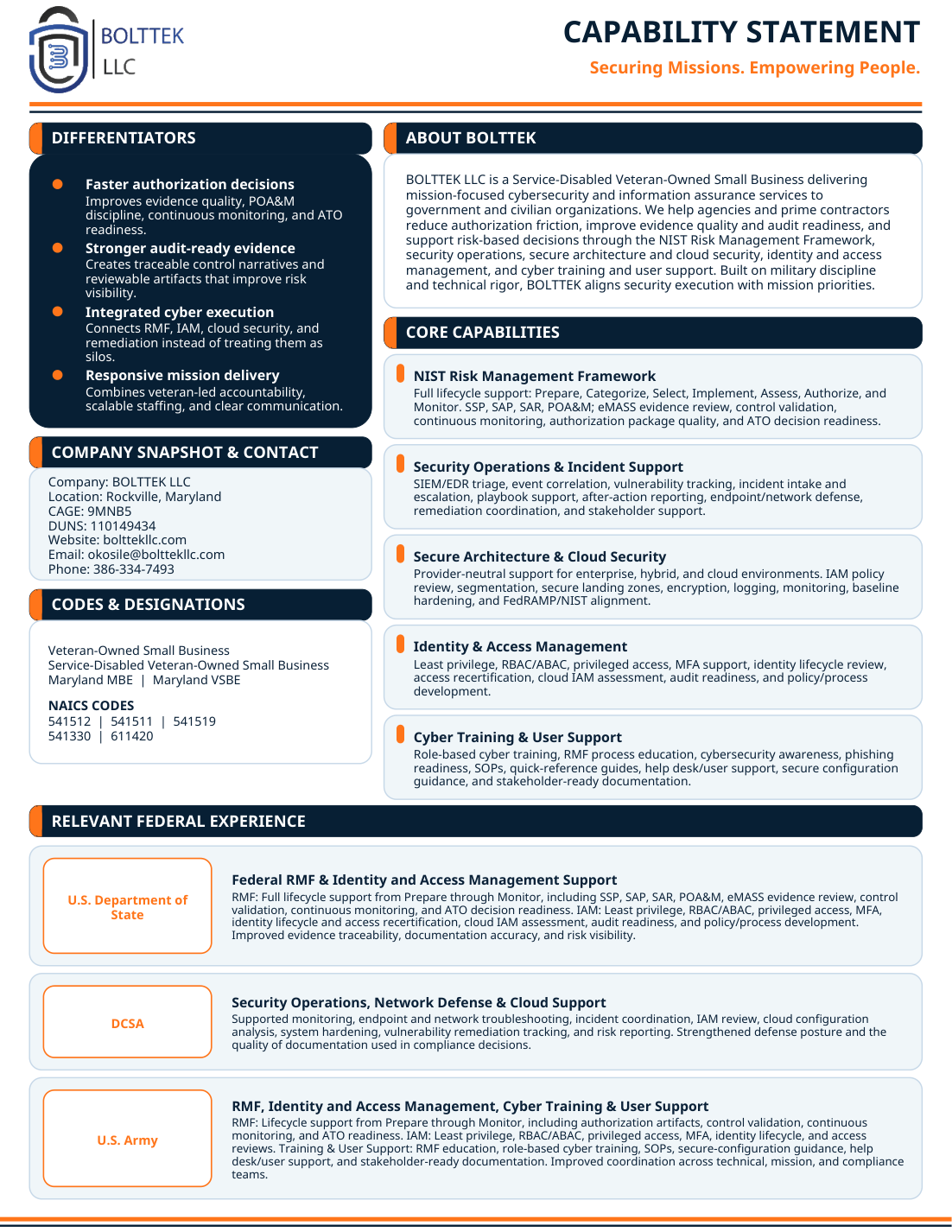 Preview of BOLTTEK LLC capability statement